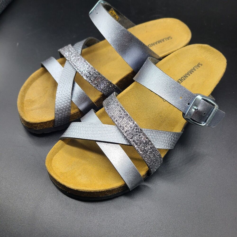 Salamander Women Sandals Slides Straps Silver Shimmer Spain Sz 7.5 38 Worn Once